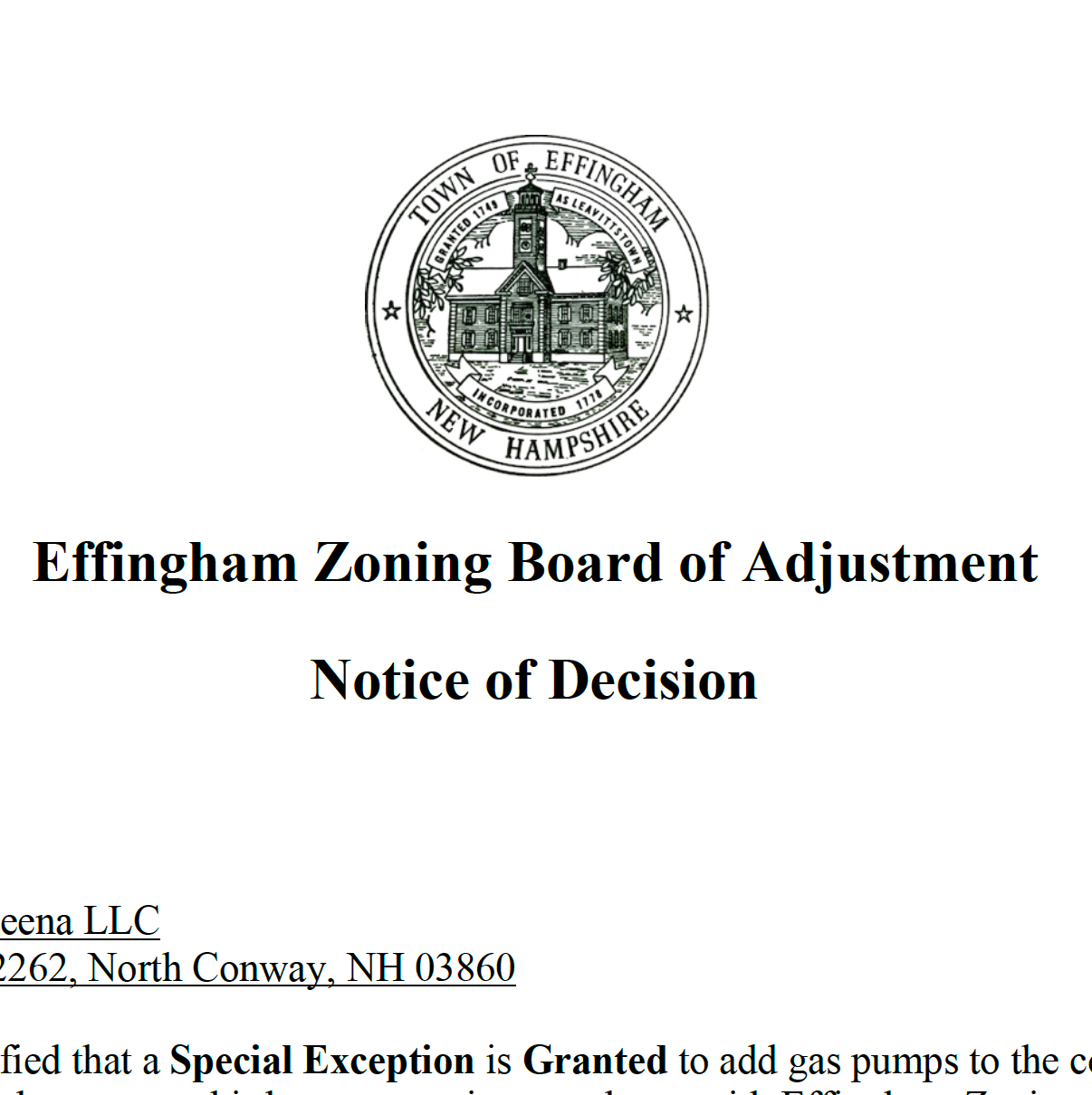Effingham Gas Station Deliberations Continued to Next Week Ossipee