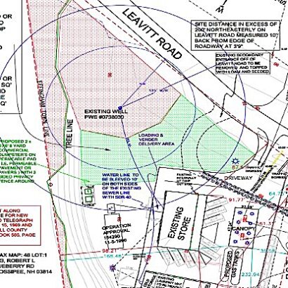 An 12/21/21 Site Plan Application illustration designed by Jacob and Mark McConkey shows the location of the Public Water Supply Well without specifying the distance between it and the USTs. A recent revision by another designer omits the well.