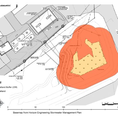 Required buffer for the DOT wetlands is shown in orange. Source: Dr. Robert Newton